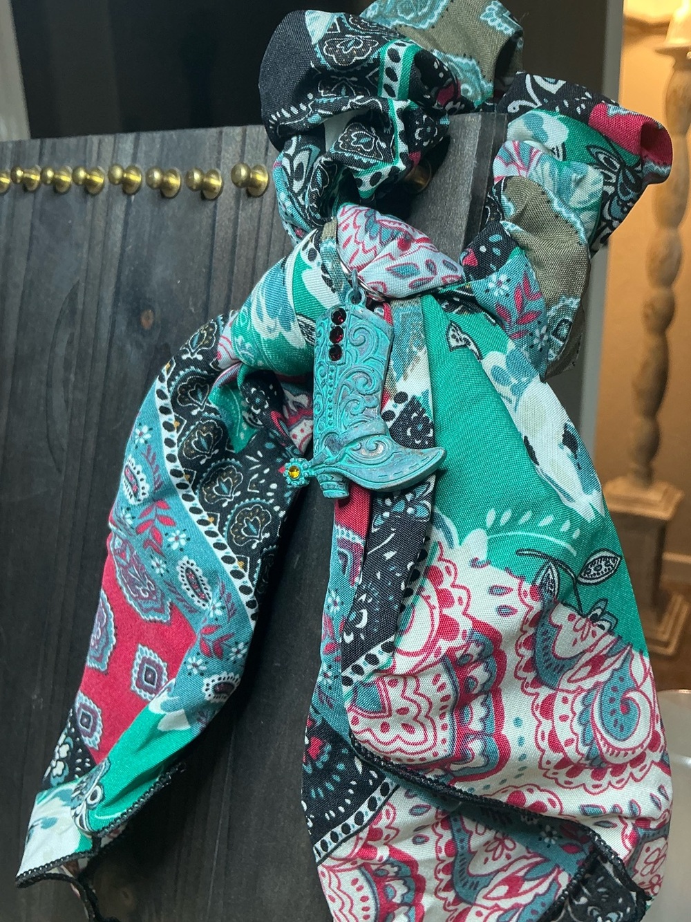 Scarf Scrunchie with Teal Cowboy Boot Charm